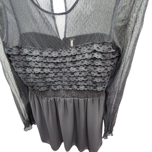 Free People Mini Dress Womens 8 Smocked Lace Chiffon Gray Lined Boho Chic - Picture 4 of 16